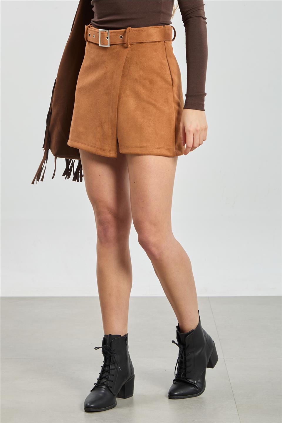 Kadın Kemerli Süet Şort Etek - Taba