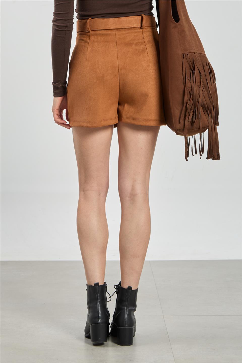 Kadın Kemerli Süet Şort Etek - Taba