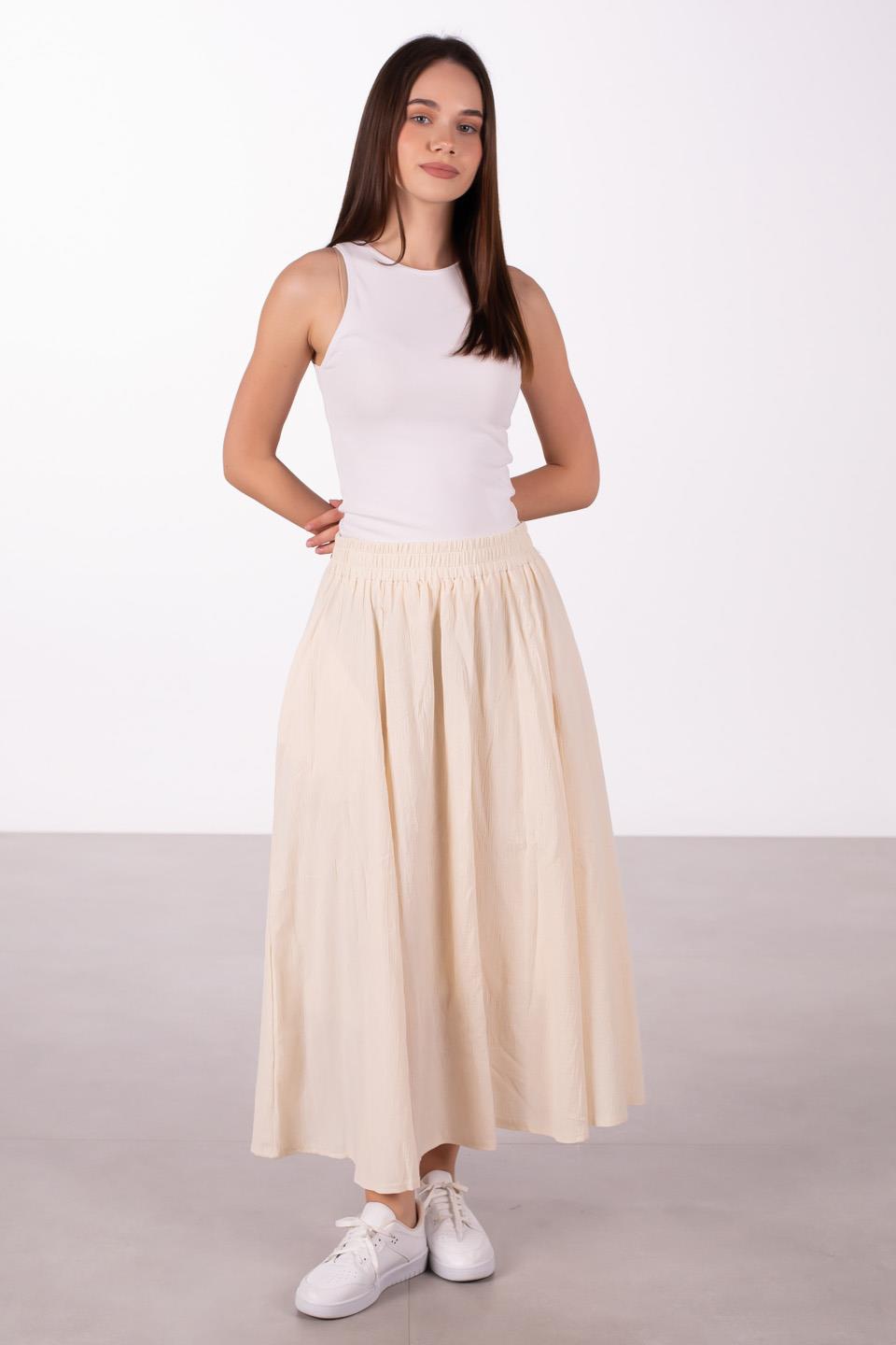 Kadın Keten Beli Lastikli Uzun Etek - Taş