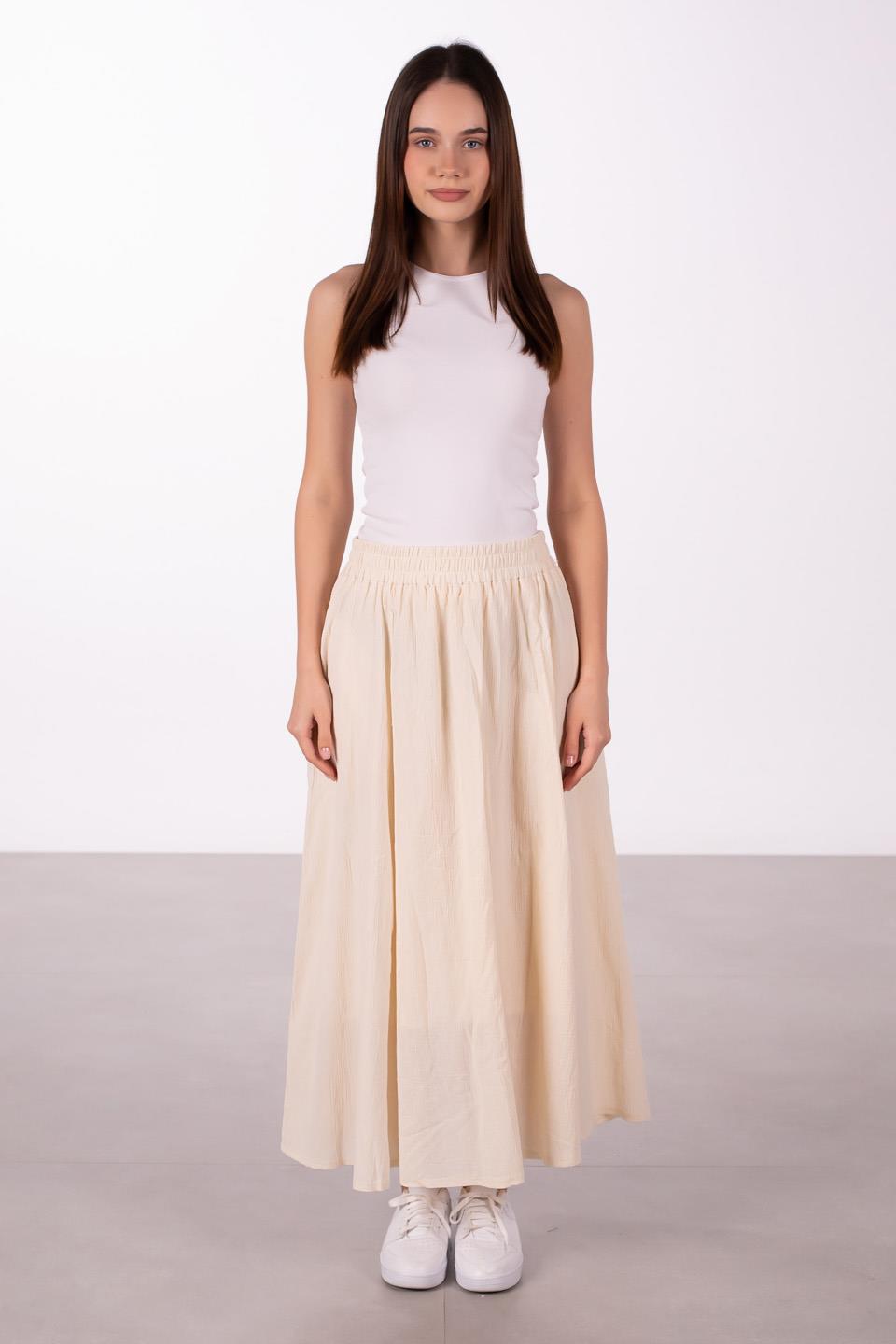 Kadın Keten Beli Lastikli Uzun Etek - Taş