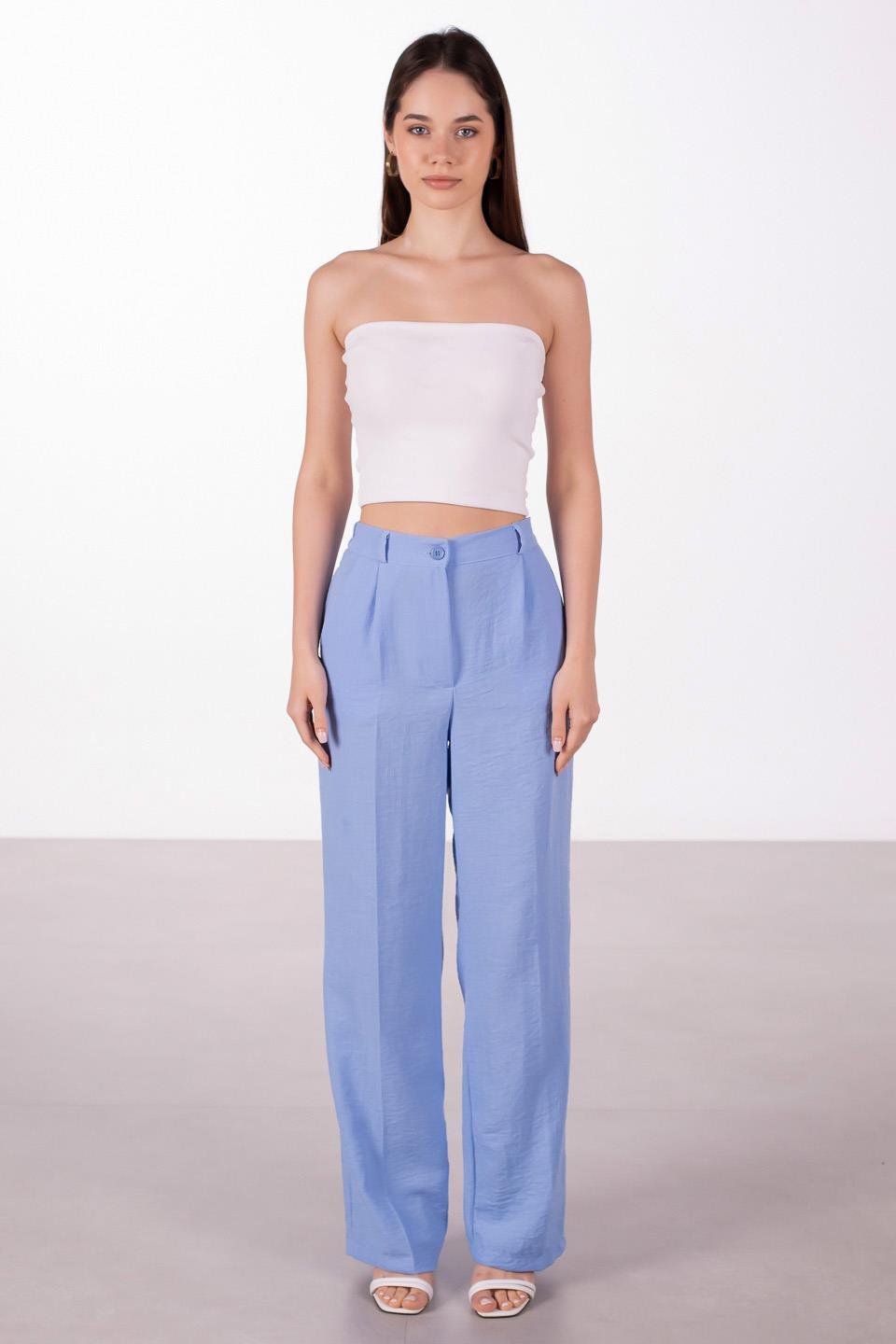 Kadın Keten Palazzo Pantolon - Bebe Mavi