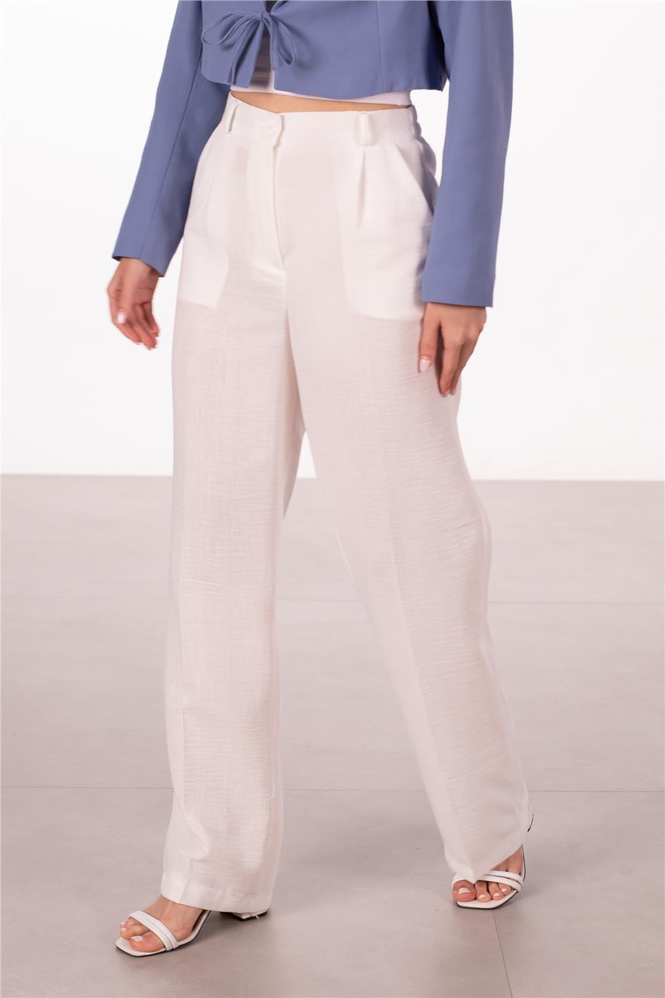 Kadın Keten Palazzo Pantolon - Beyaz