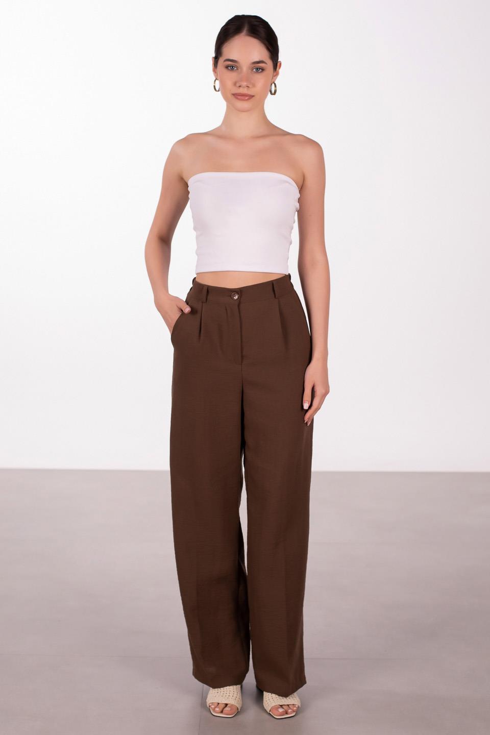 Kadın Keten Palazzo Pantolon - Kahve
