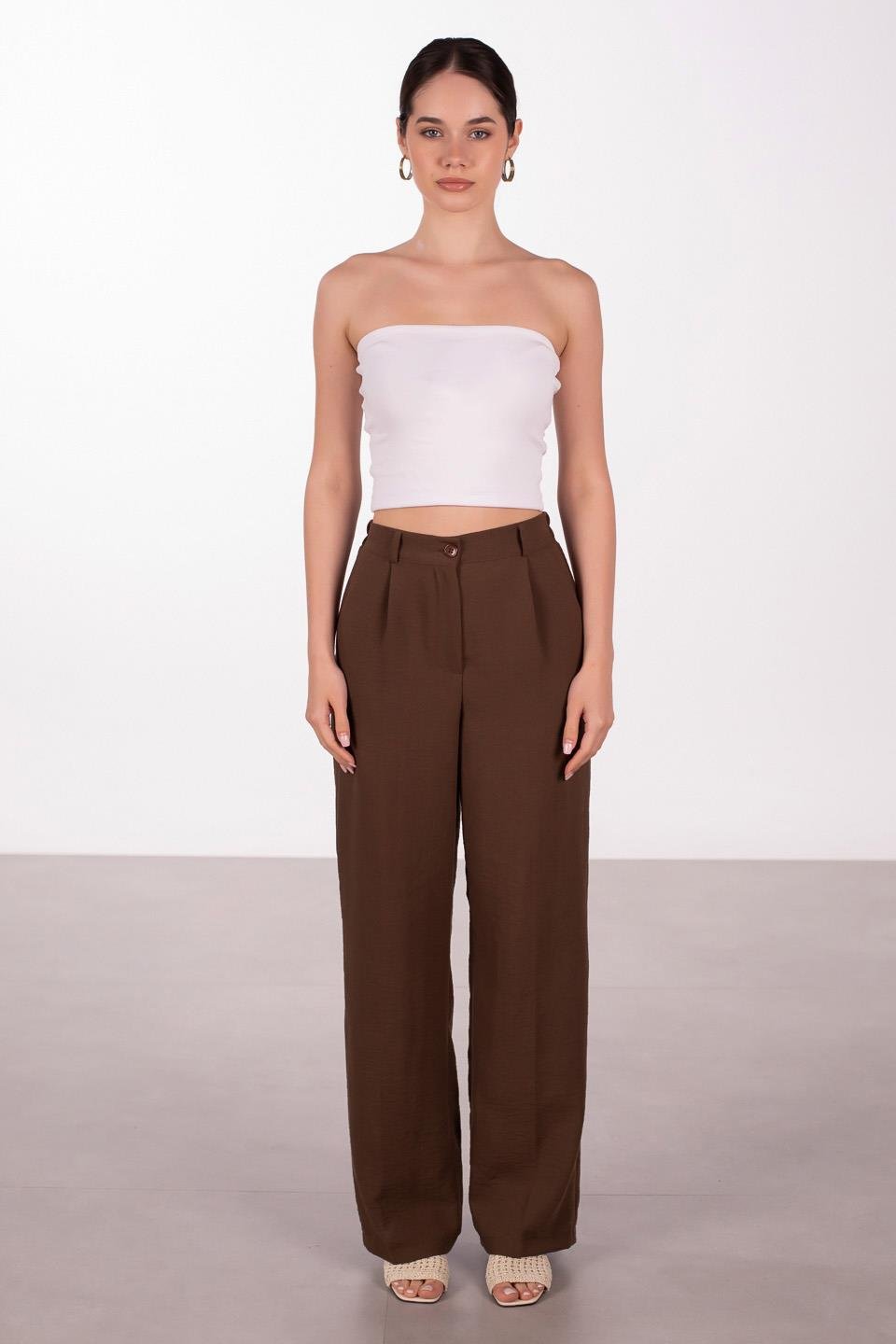 Kadın Keten Palazzo Pantolon - Kahve