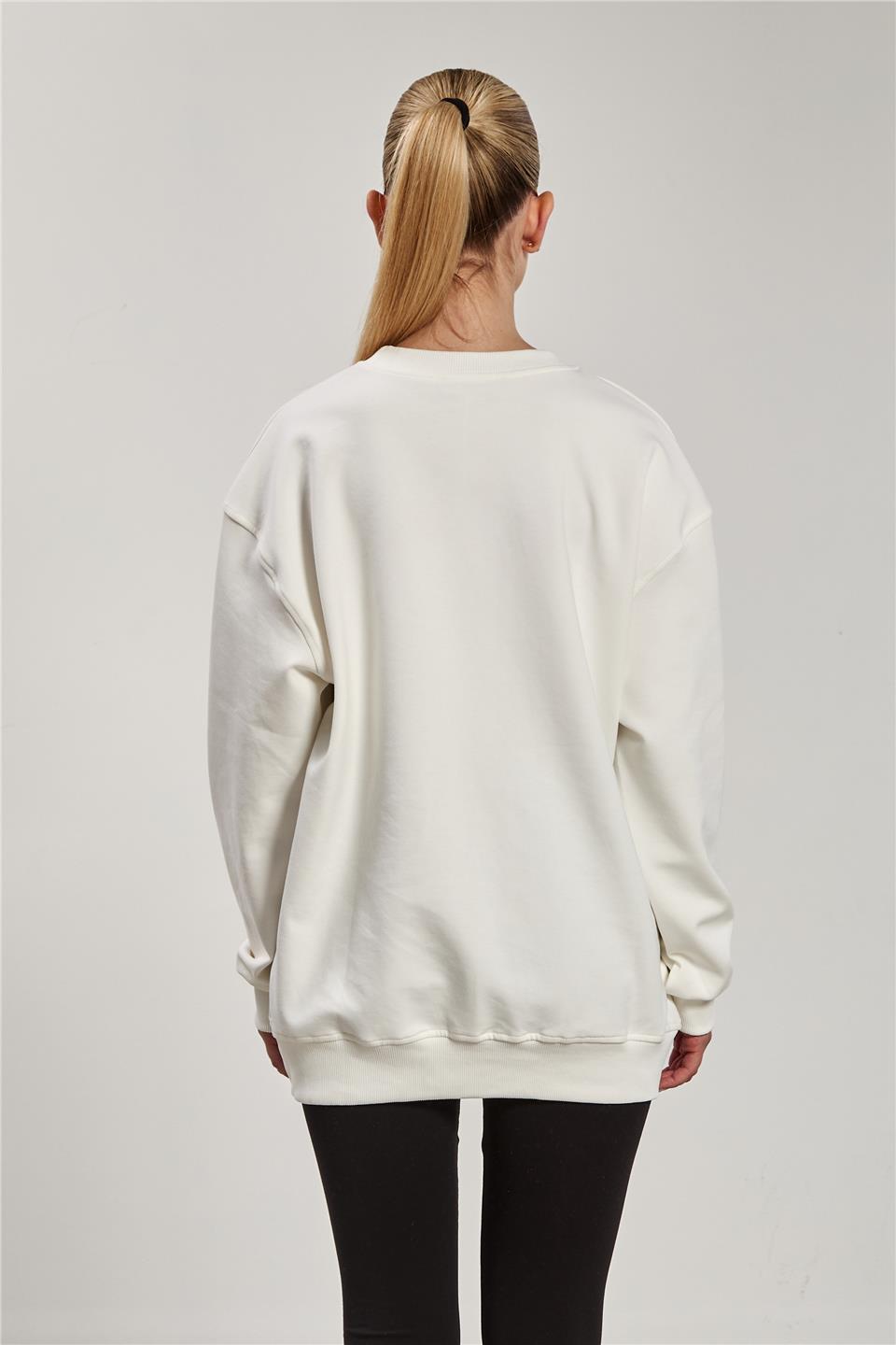 Kiraz Baskılı Bisiklet Yaka Kadın Sweatshirt - Ekru