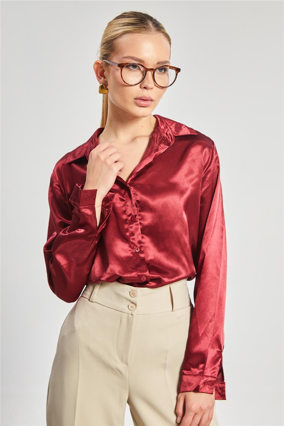 Klasik saten gömlek-3964 Bordo