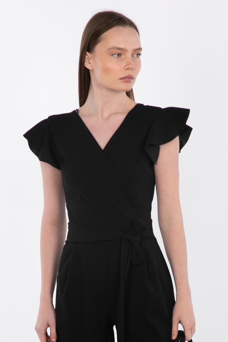 Kruvaze Yaka Beli Kuşaklı Tulum - Siyah