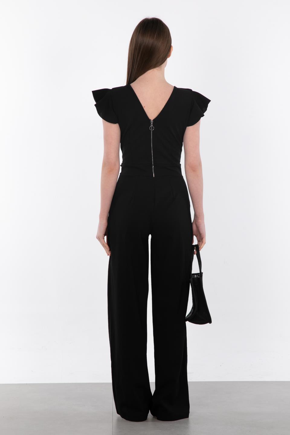 Kruvaze Yaka Beli Kuşaklı Tulum - Siyah