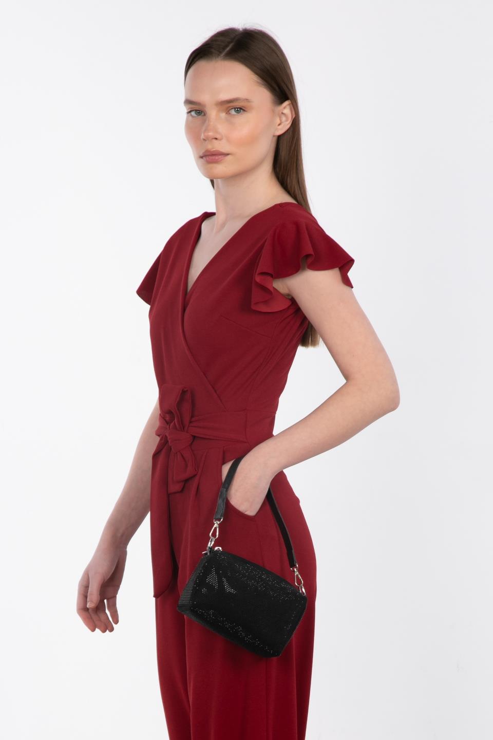 Kruvaze Yaka Beli Kuşaklı Tulum - Bordo