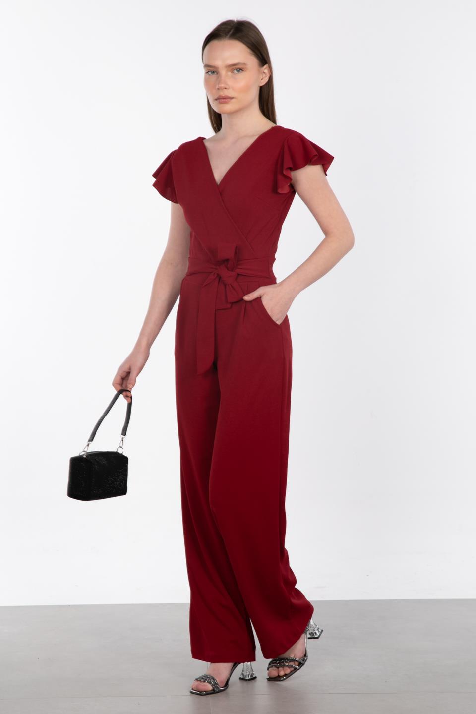 Kruvaze Yaka Beli Kuşaklı Tulum - Bordo