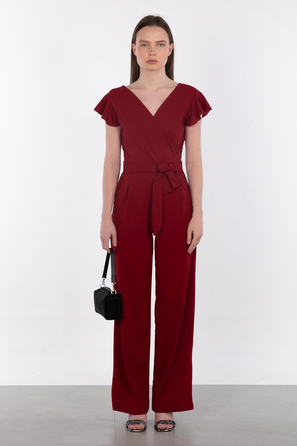 Kruvaze Yaka Beli Kuşaklı Tulum - Bordo