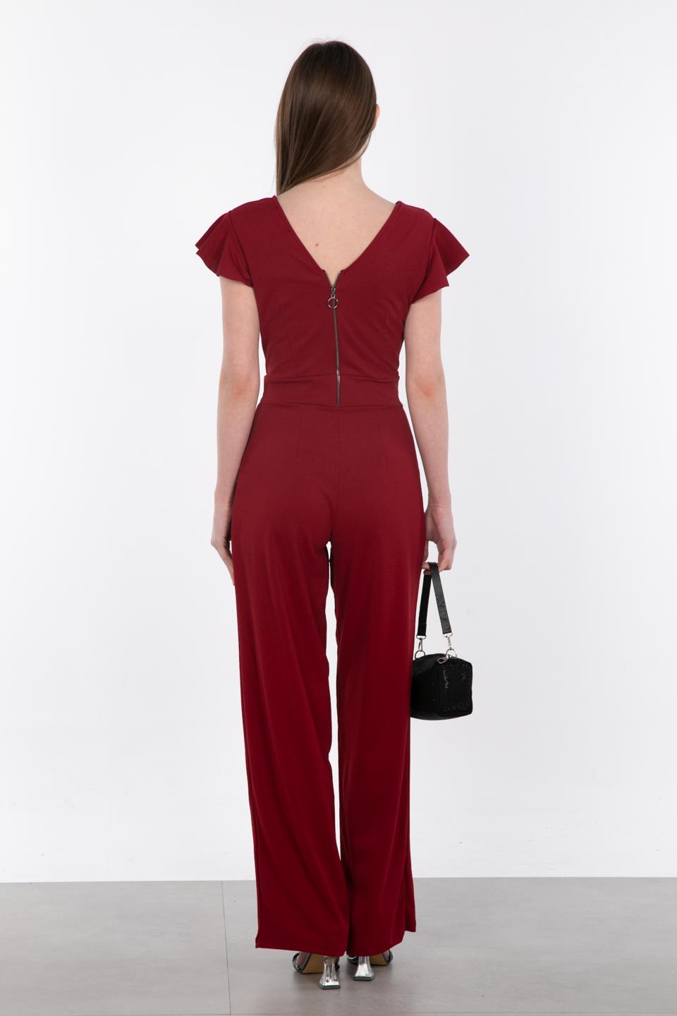 Kruvaze Yaka Beli Kuşaklı Tulum - Bordo