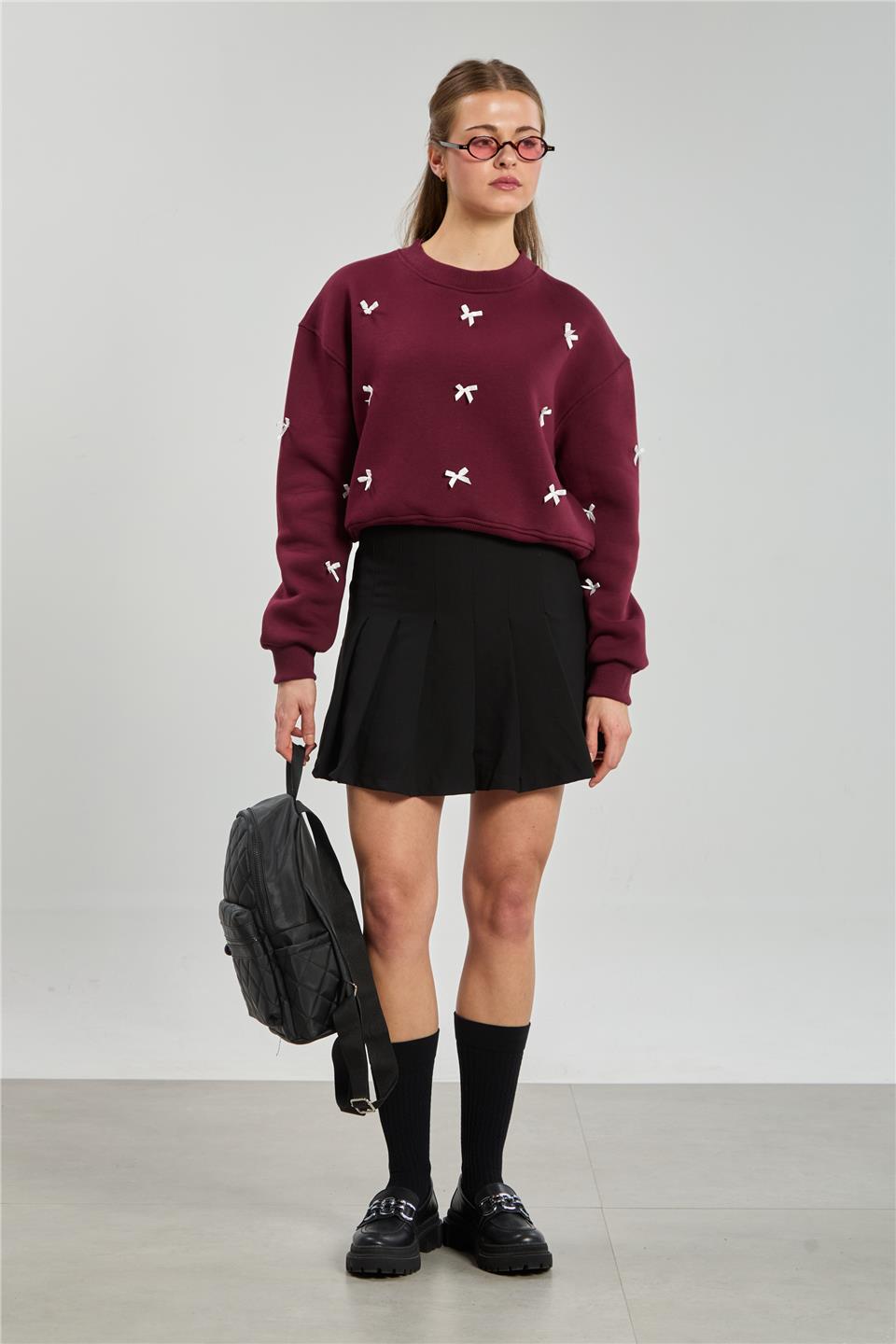 Kadın Kurdeleli Crop Sweatshirt - Bordo