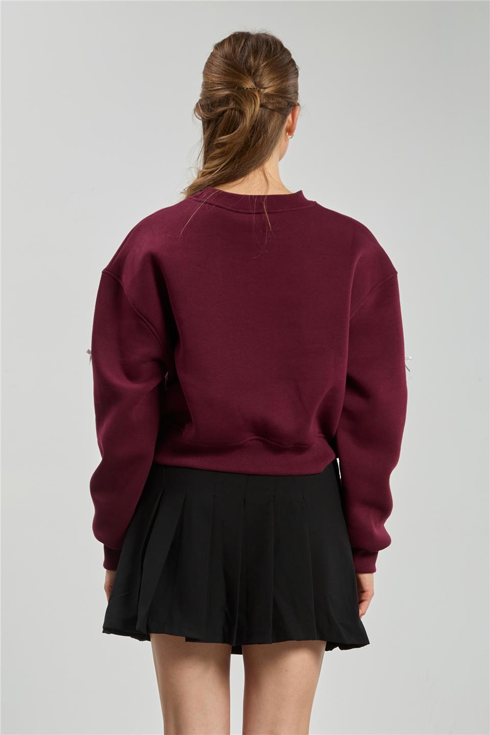 Kadın Kurdeleli Crop Sweatshirt - Bordo