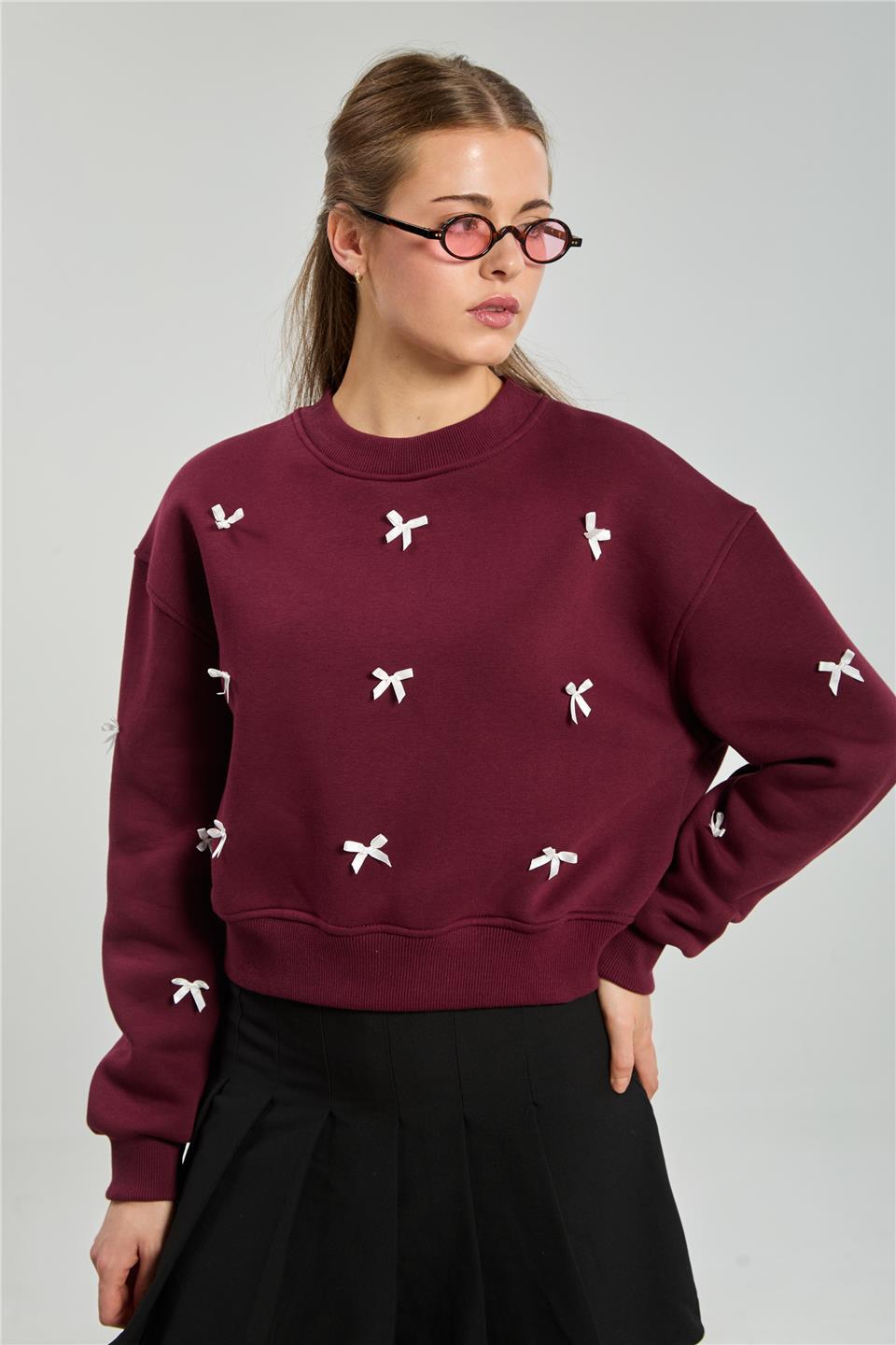 Kadın Kurdeleli Crop Sweatshirt - Bordo