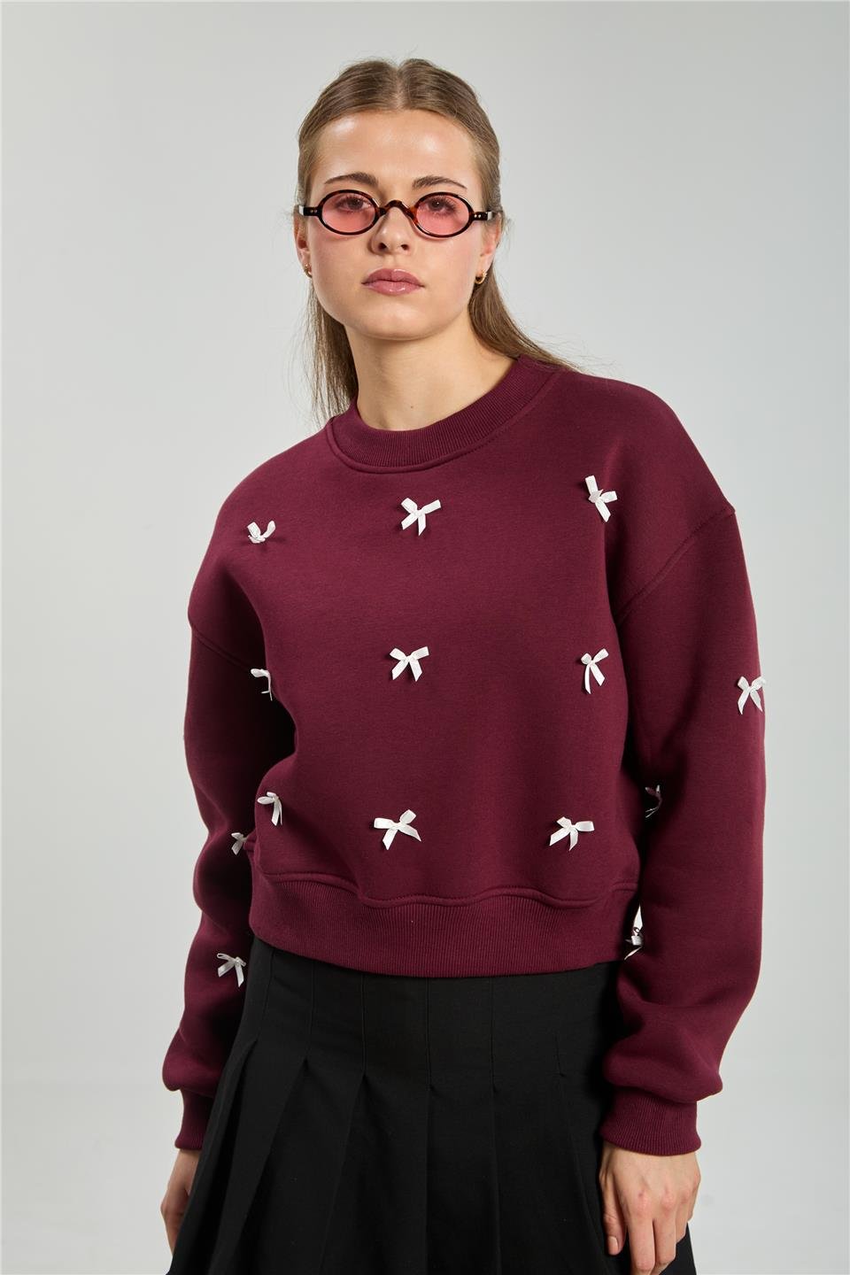 Kadın Kurdeleli Crop Sweatshirt - Bordo