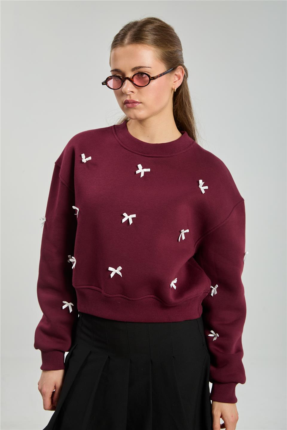 Kadın Kurdeleli Crop Sweatshirt - Bordo