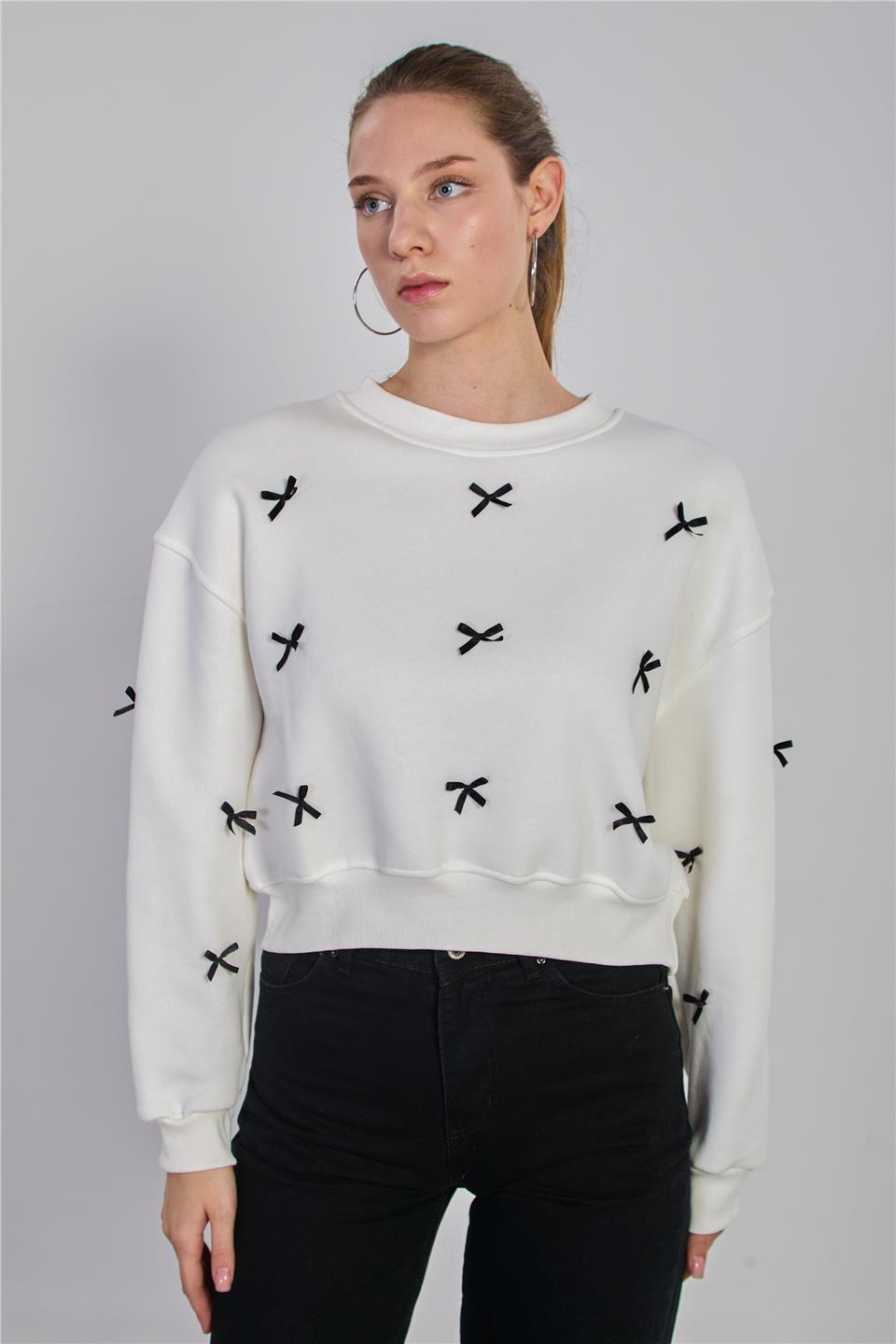 Kadın Kurdeleli Crop Sweatshirt - Ekru