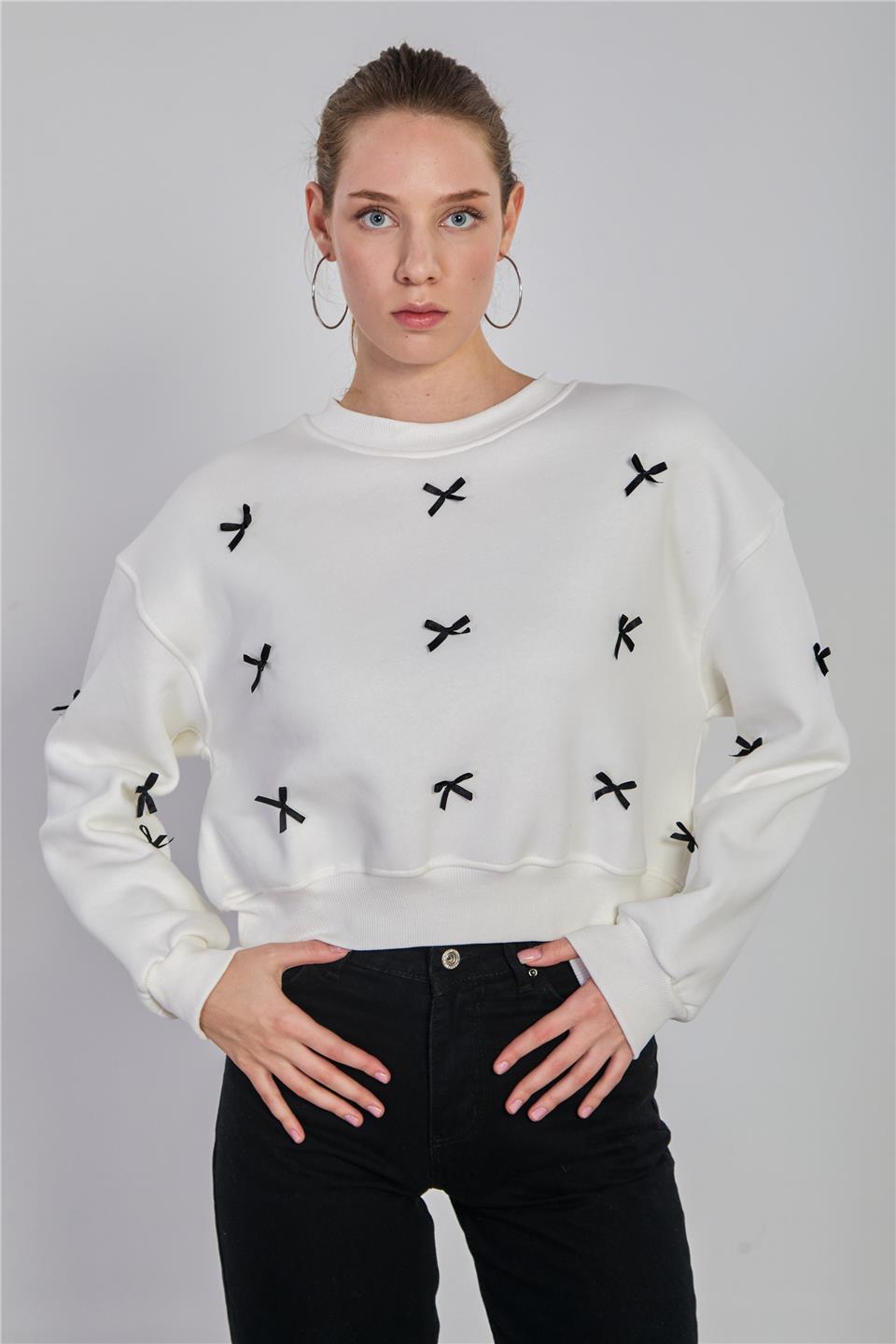 Kadın Kurdeleli Crop Sweatshirt - Ekru