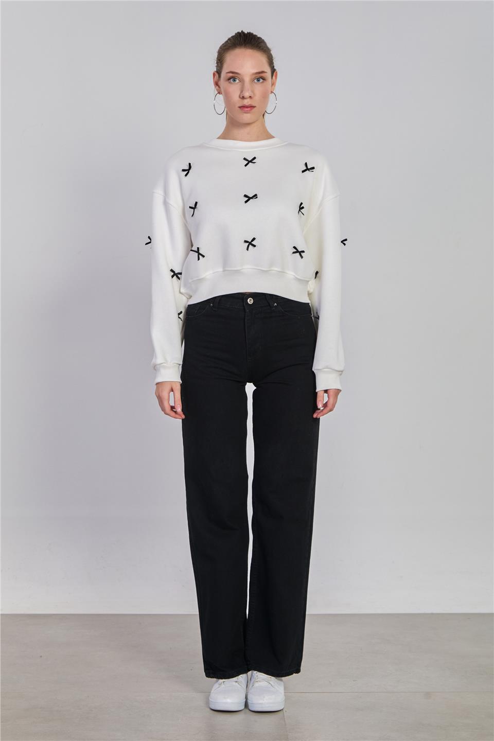 Kadın Kurdeleli Crop Sweatshirt - Ekru