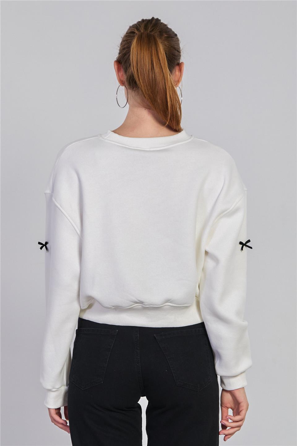 Kadın Kurdeleli Crop Sweatshirt - Ekru