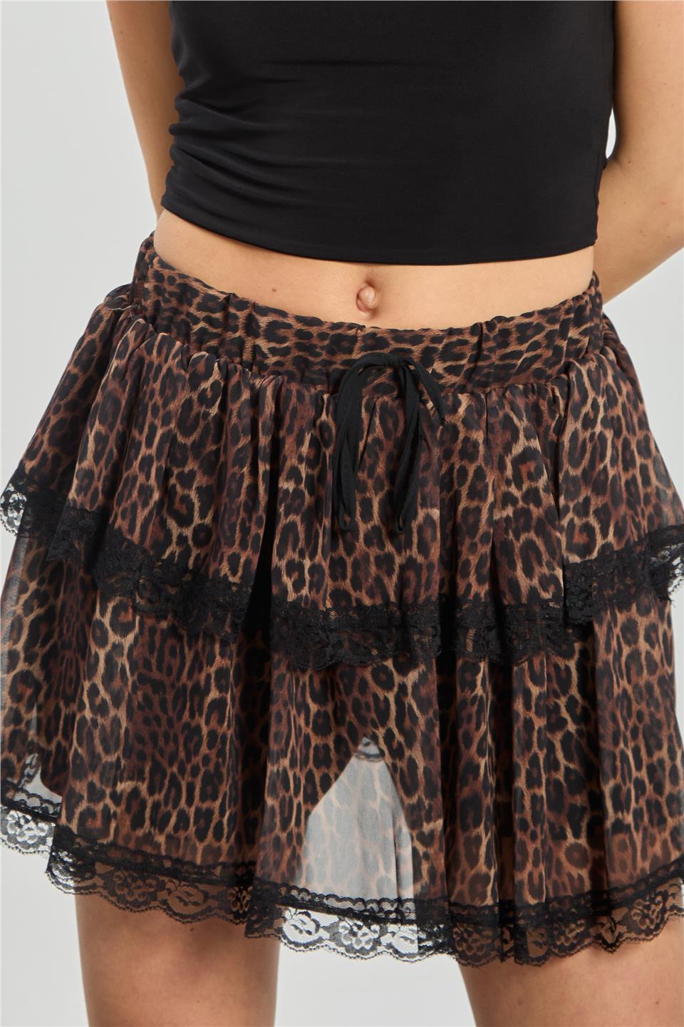 Kadın Leopar Desen Fırfırlı Mini Etek - Kahve