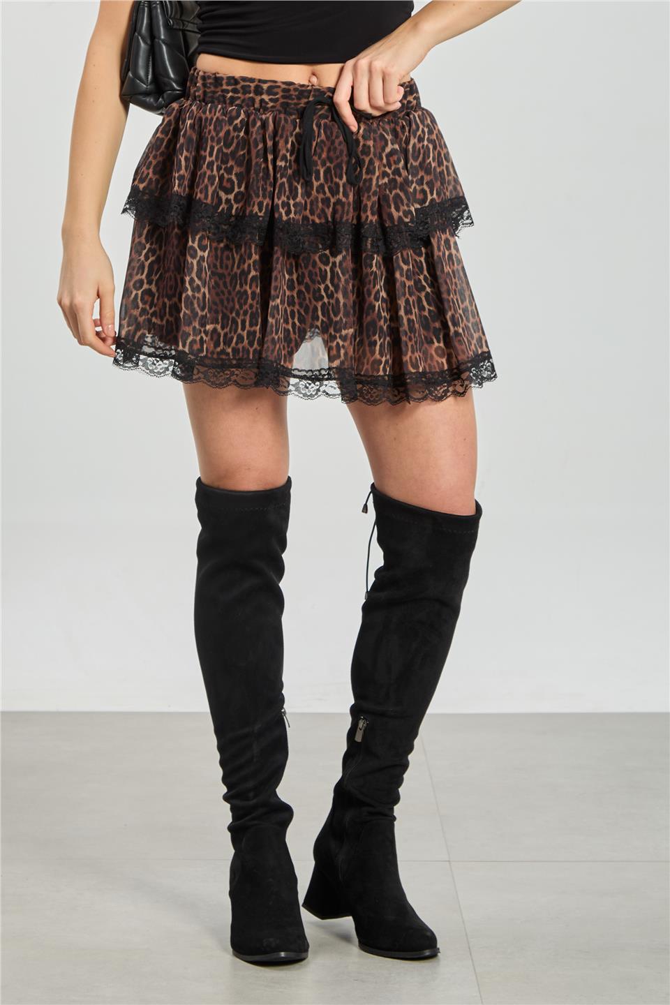 Kadın Leopar Desen Fırfırlı Mini Etek - Kahve
