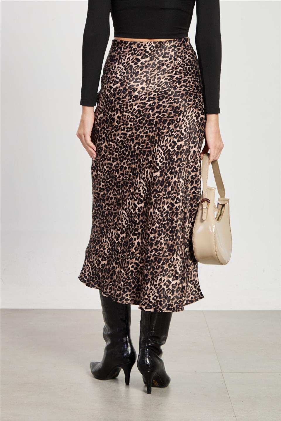Kadın Leopar Desen Midi Etek -Kahve