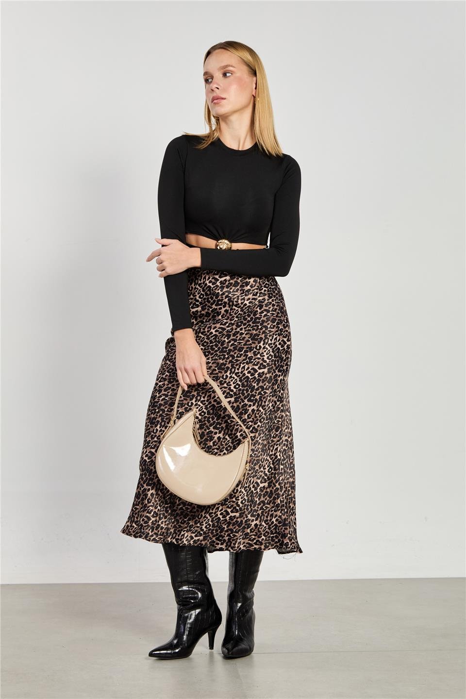 Kadın Leopar Desen Midi Etek -Kahve