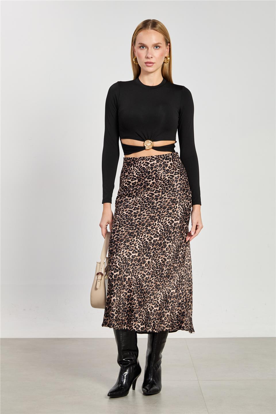 Kadın Leopar Desen Midi Etek -Kahve