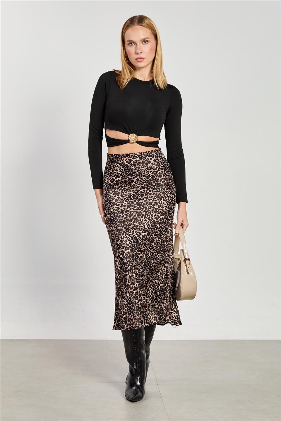 Kadın Leopar Desen Midi Etek -Kahve