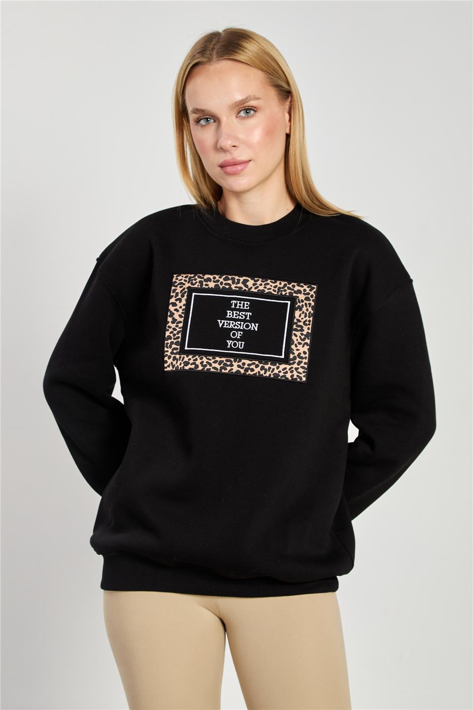 Kadın Leopar Detay Baskılı Sweatshirt - Siyah