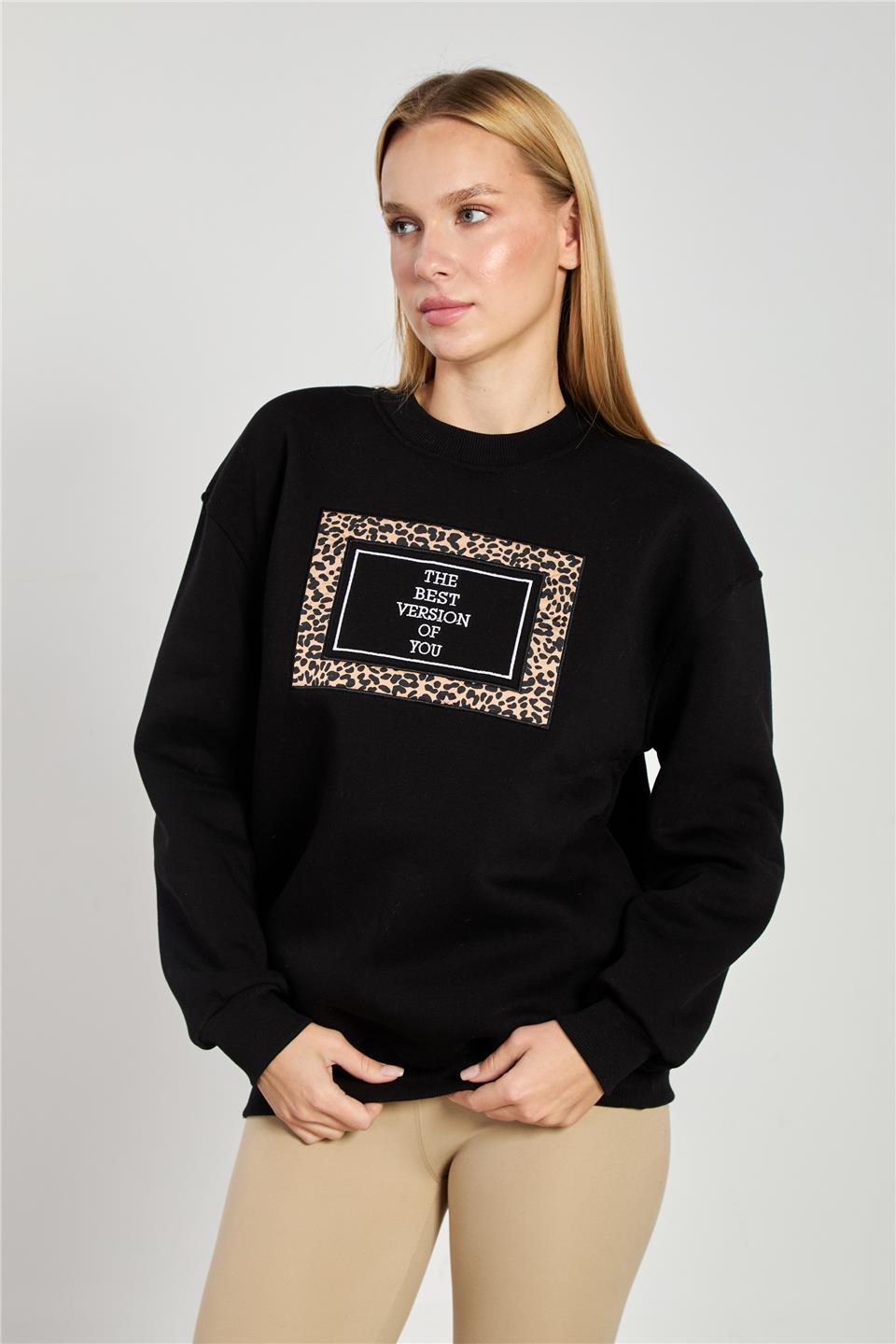Kadın Leopar Detay Baskılı Sweatshirt - Siyah