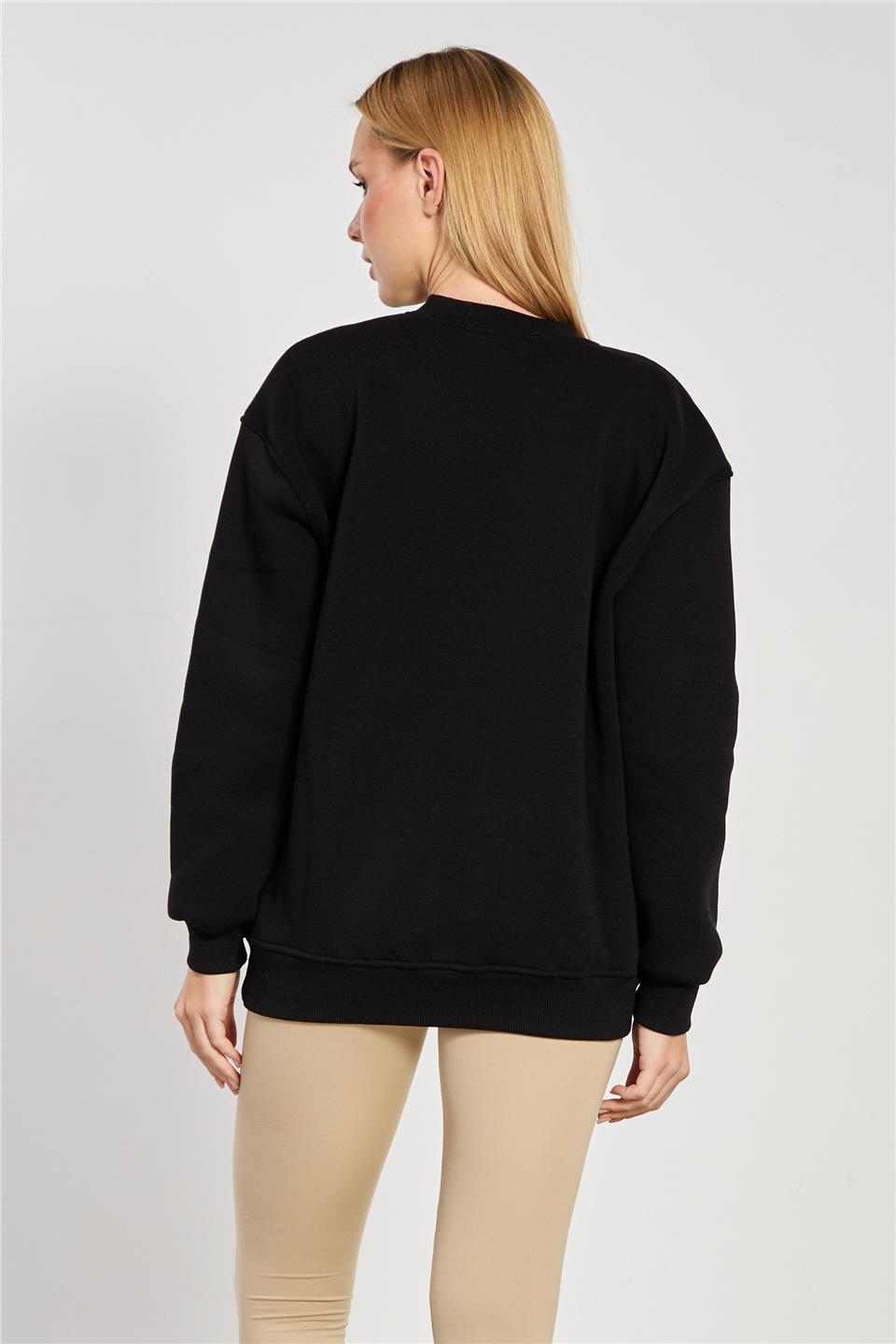 Kadın Leopar Detay Baskılı Sweatshirt - Siyah