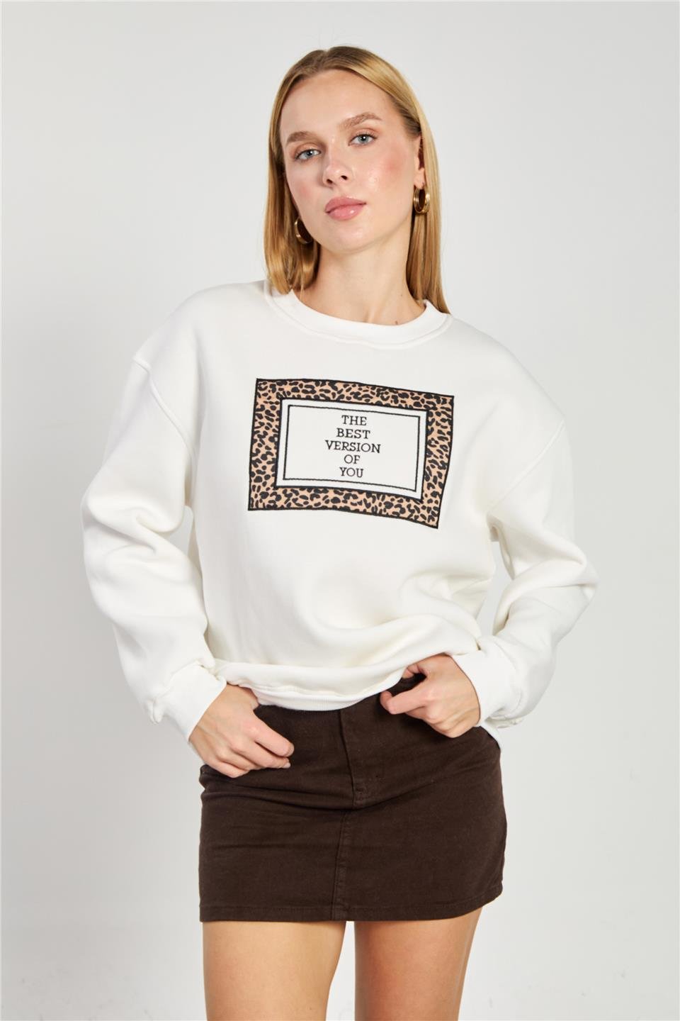 Kadın Leopar Detay Baskılı Sweatshirt - Ekru