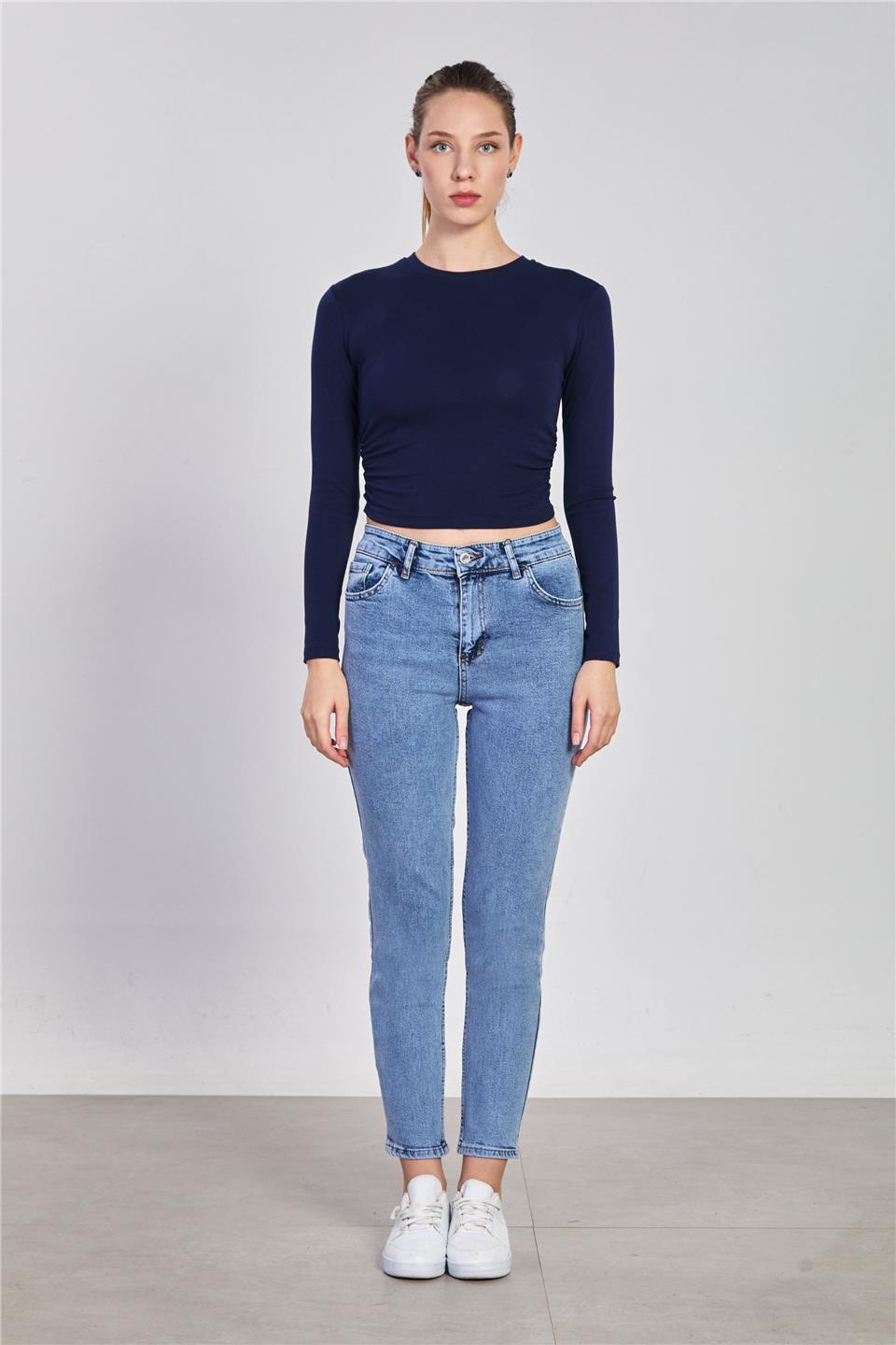 Kadın Likralı Mom Jean Pantolon - Mavi Kar