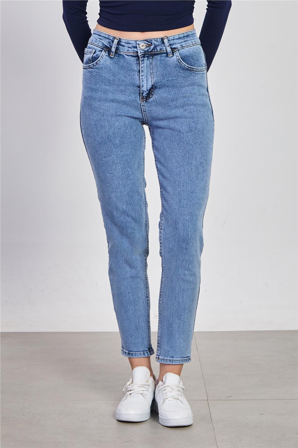 Kadın Likralı Mom Jean Pantolon - Mavi Kar