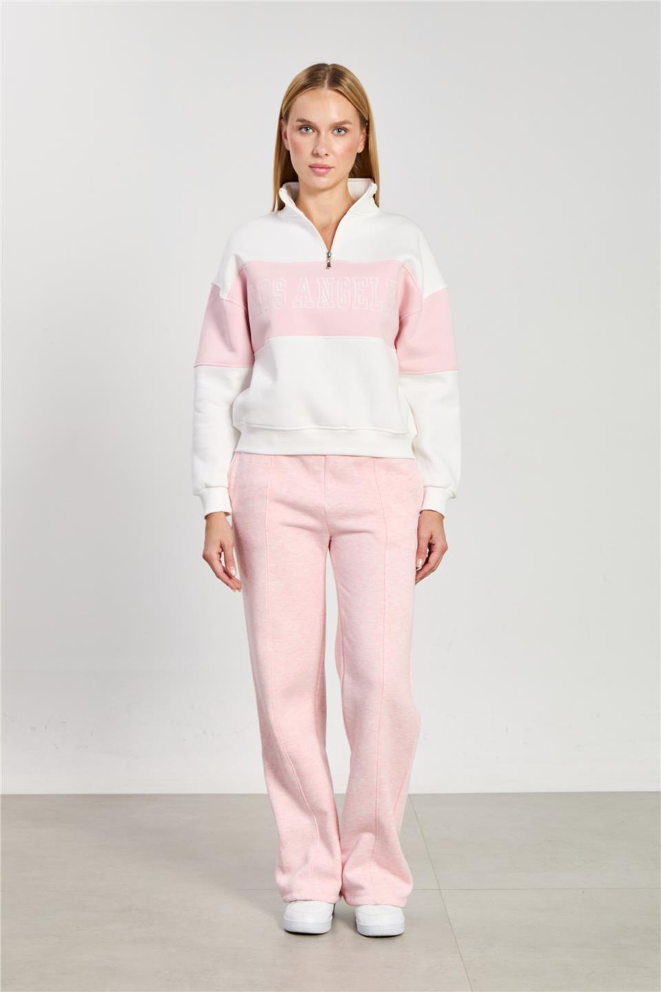 Kadın Los Angeles Yazılı Garnili Sweatshirt - Ekru Pembe