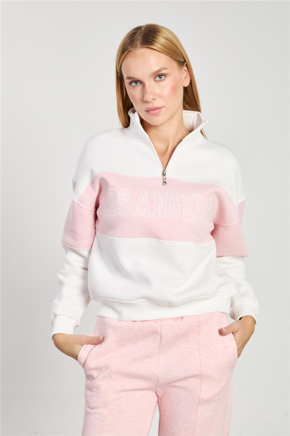 Kadın Los Angeles Yazılı Garnili Sweatshirt - Ekru Pembe