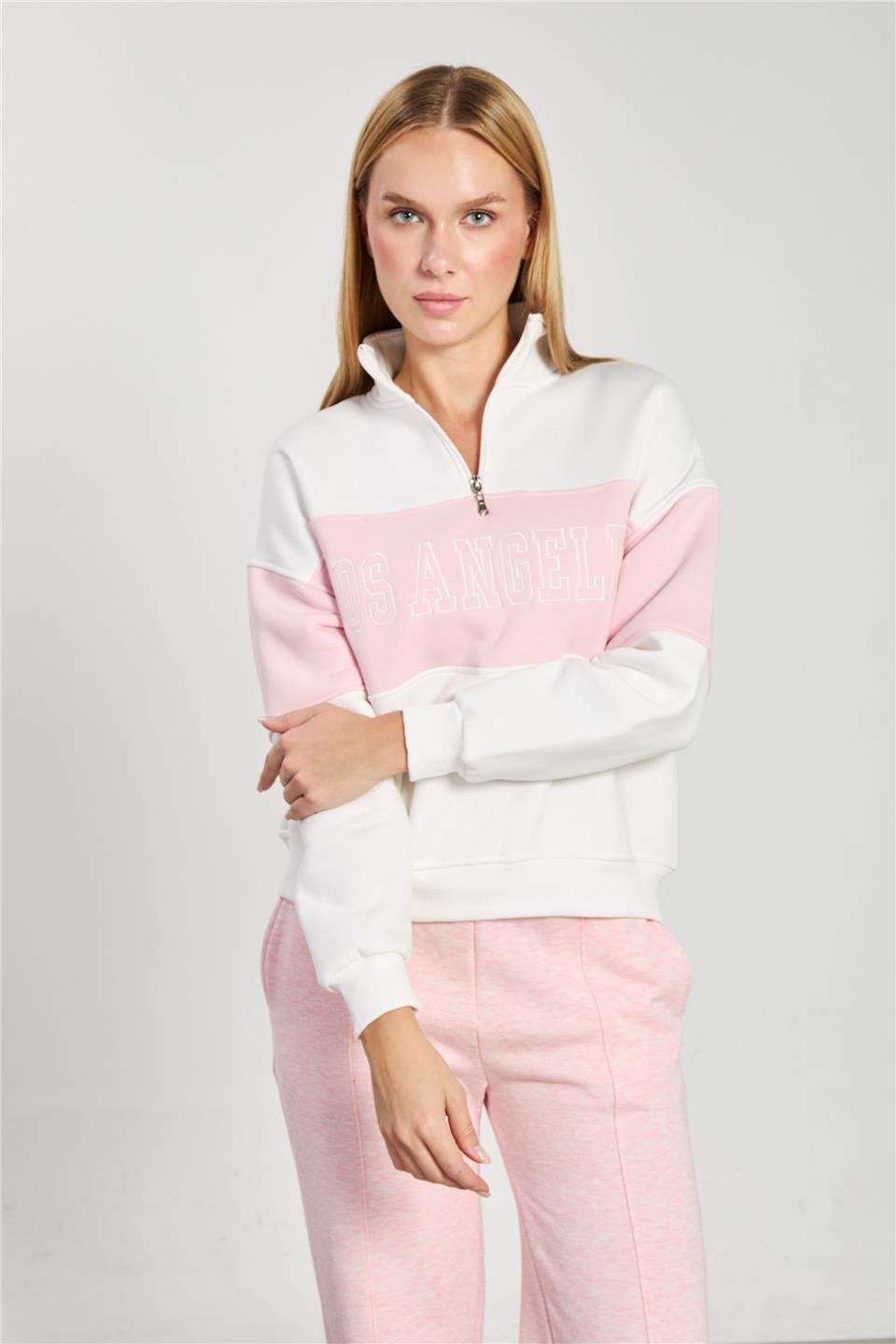 Kadın Los Angeles Yazılı Garnili Sweatshirt - Ekru Pembe