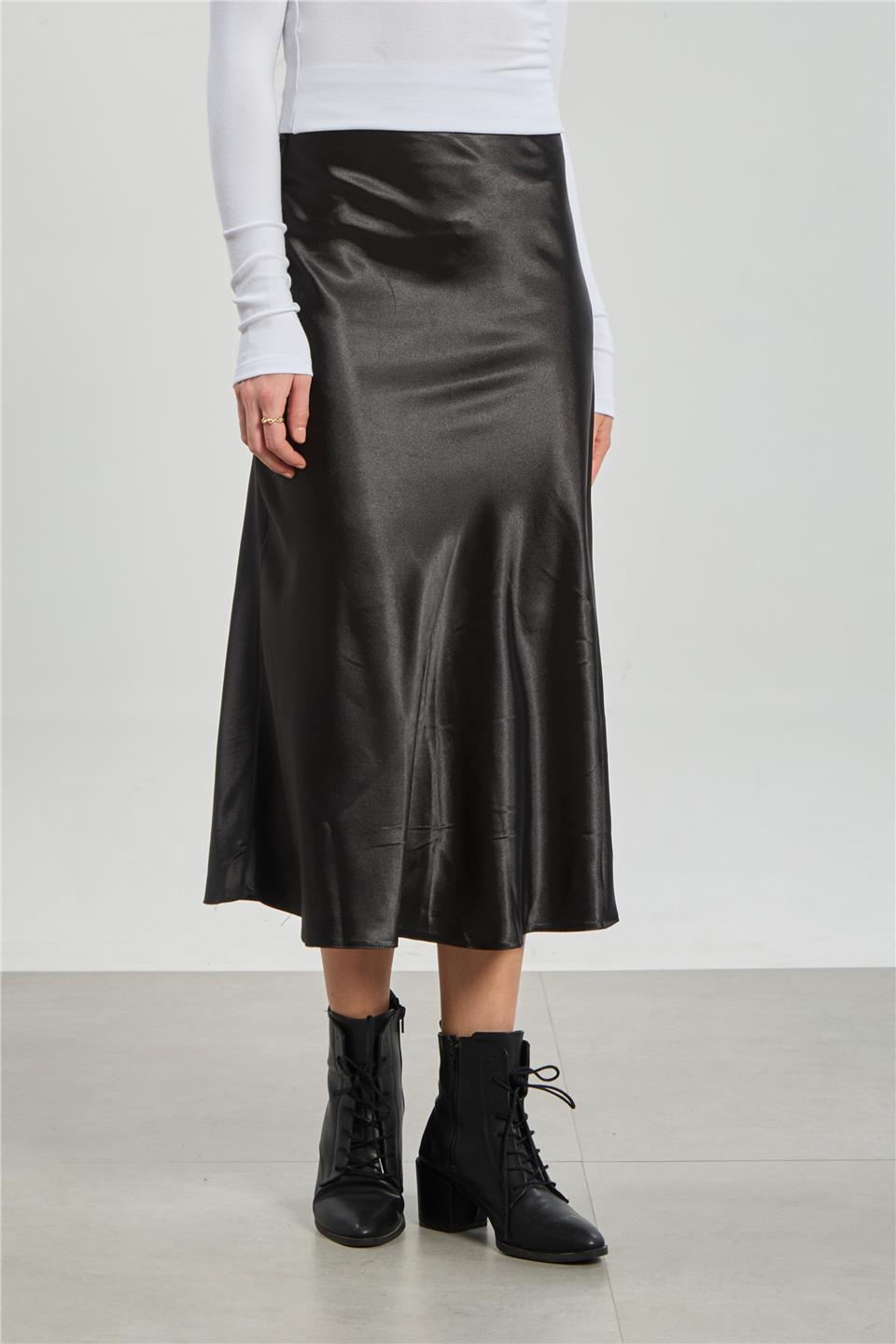 Kadın Midi Boy Saten Etek - Siyah