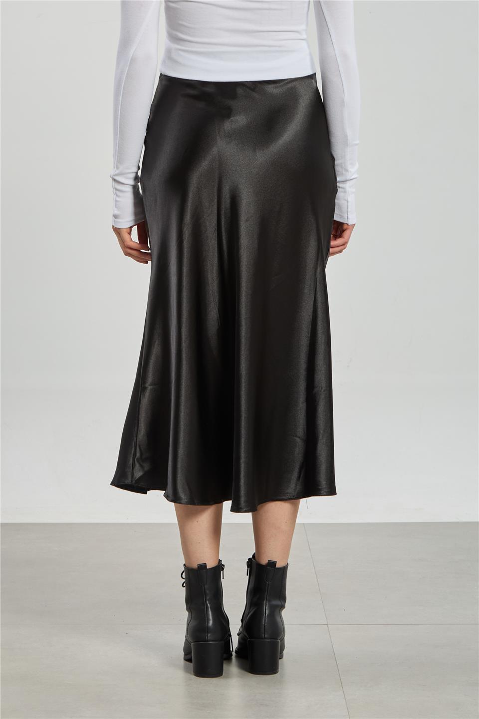 Kadın Midi Boy Saten Etek - Siyah