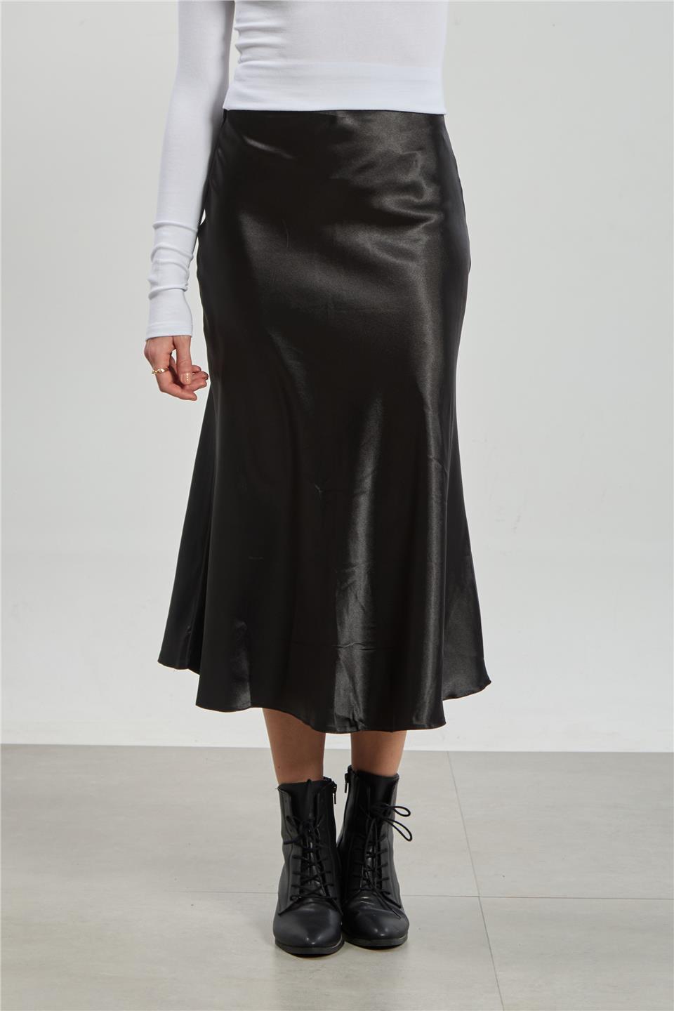 Kadın Midi Boy Saten Etek - Siyah