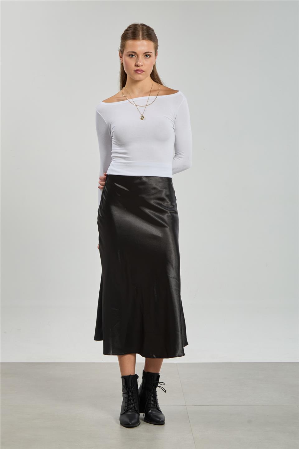 Kadın Midi Boy Saten Etek - Siyah