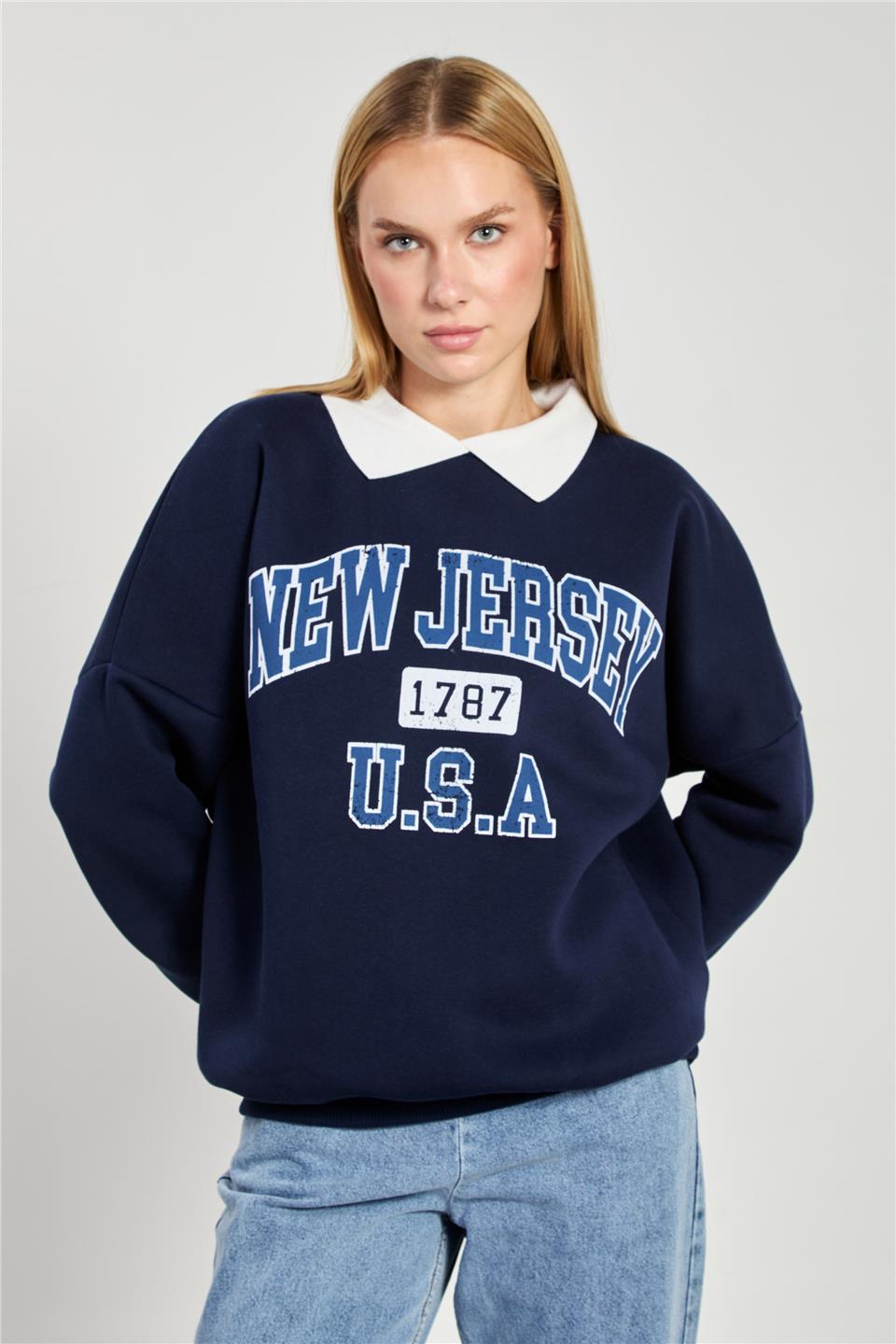 Kadın New Jersey Yazılı Polo Yaka Sweatshirt - Lacivert