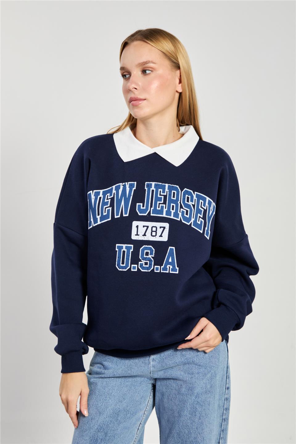 Kadın New Jersey Yazılı Polo Yaka Sweatshirt - Lacivert