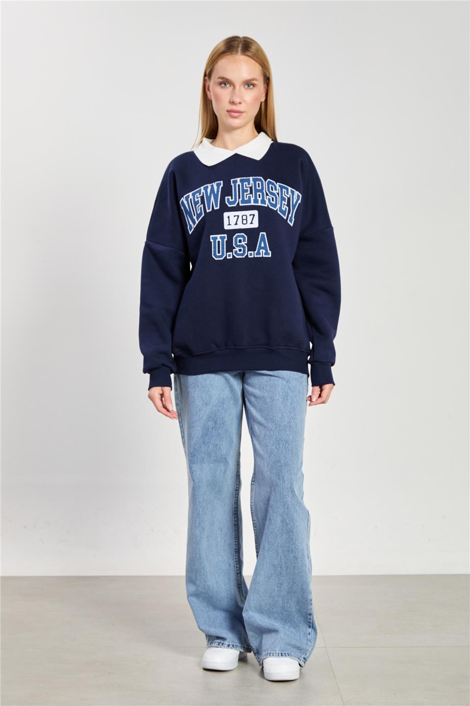 Kadın New Jersey Yazılı Polo Yaka Sweatshirt - Lacivert