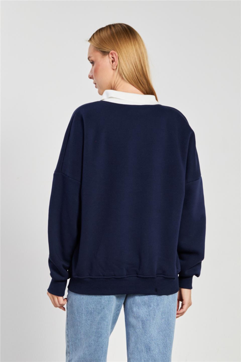 Kadın New Jersey Yazılı Polo Yaka Sweatshirt - Lacivert