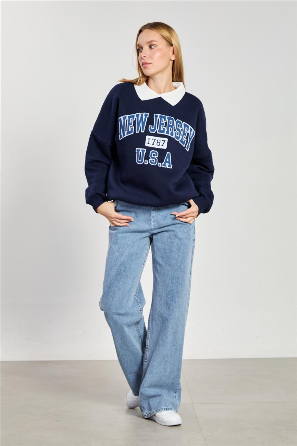 Kadın New Jersey Yazılı Polo Yaka Sweatshirt - Lacivert