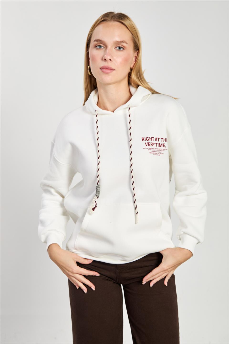 Kadın Ön Arka Baskılı Kapüşonlu Sweatshirt - Ekru